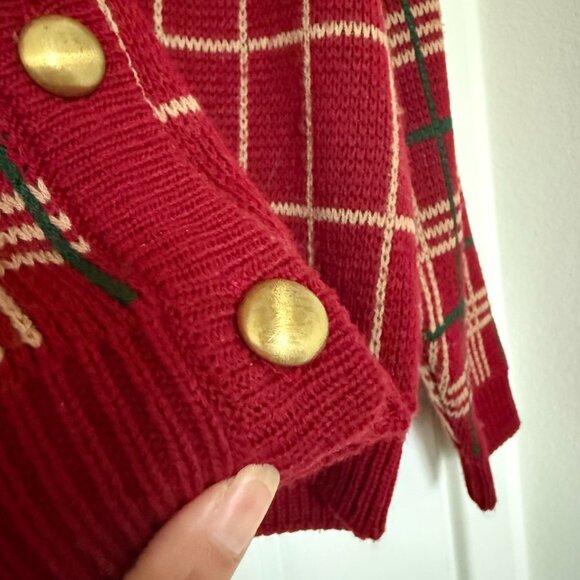 Vintage knit plaid Christmas holiday preppy gift cardigan red grandpa sweater - Picture 4 of 16